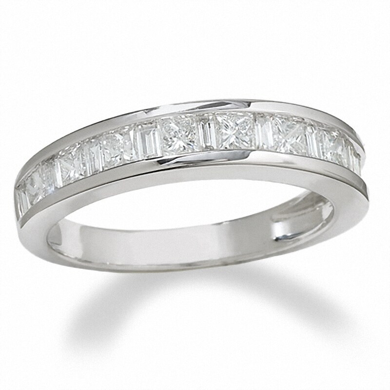 Main Image 1 of Previously Owned - 1 CT. T.W. Princess-Cut and Baguette Diamond Channel Band in 14K White Gold