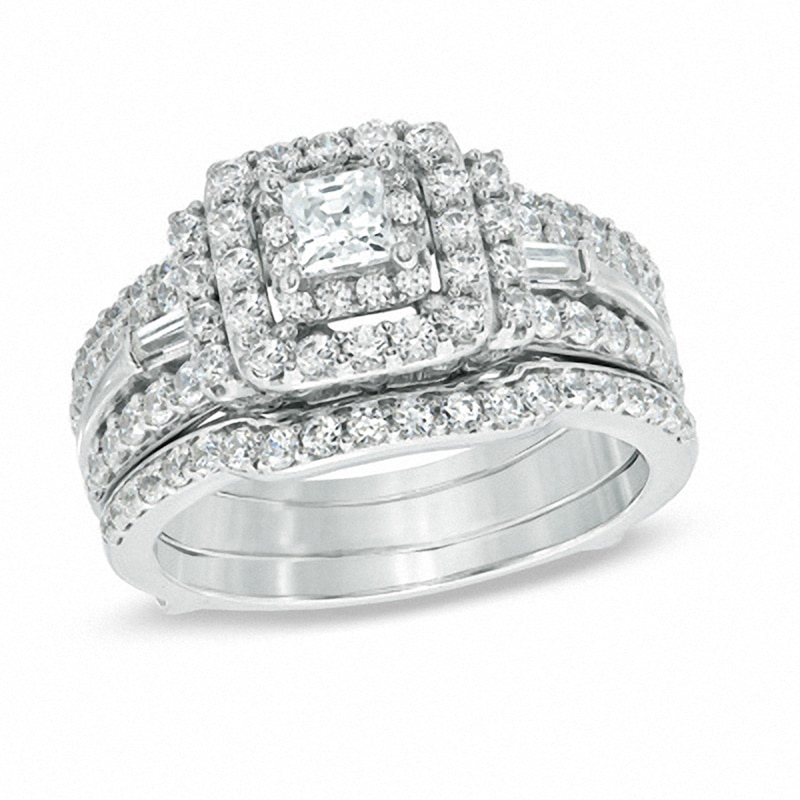 Main Image 1 of Previously Owned - 1-1/2 CT. T.W. Princess-Cut Diamond Double Frame Bridal Set in 14K White Gold