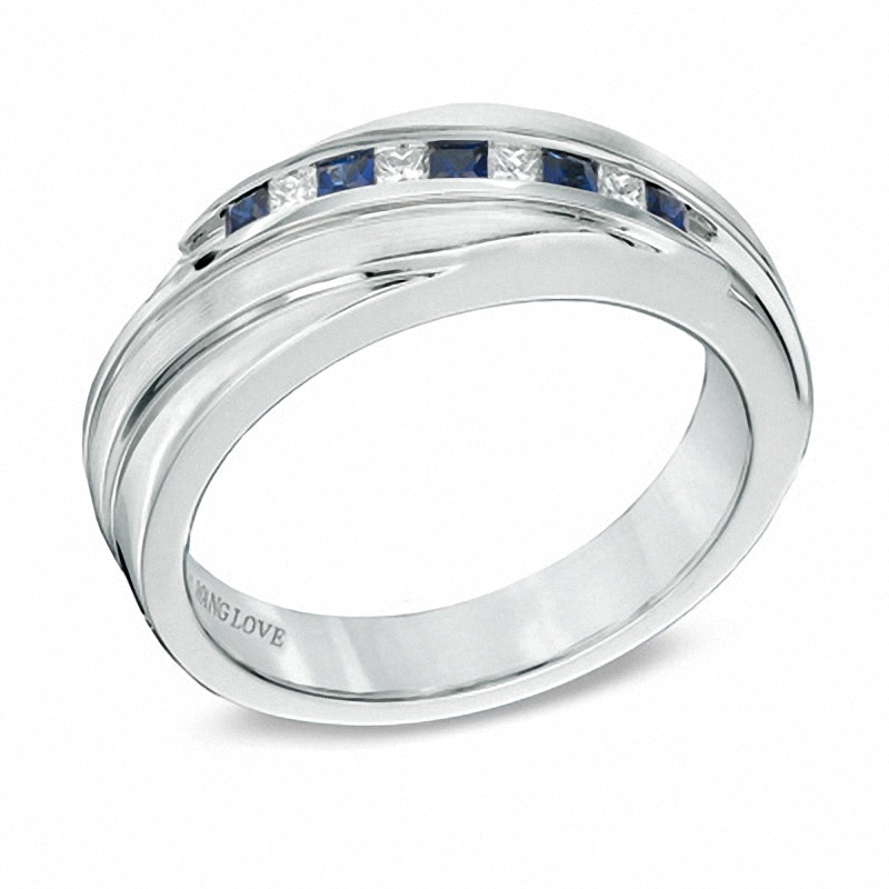 Main Image 2 of Previously Owned - Vera Wang Love Collection Men's Blue Sapphire and 1/6 CT. T.W. Diamond Band in 14K White Gold