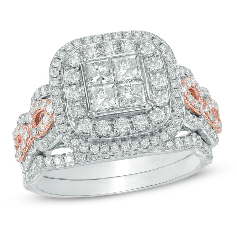 Previously Owned - 1-3/4 CT. T.W. Princess-Cut Quad Diamond Double Frame Bridal Set in 14K Two-Tone Gold