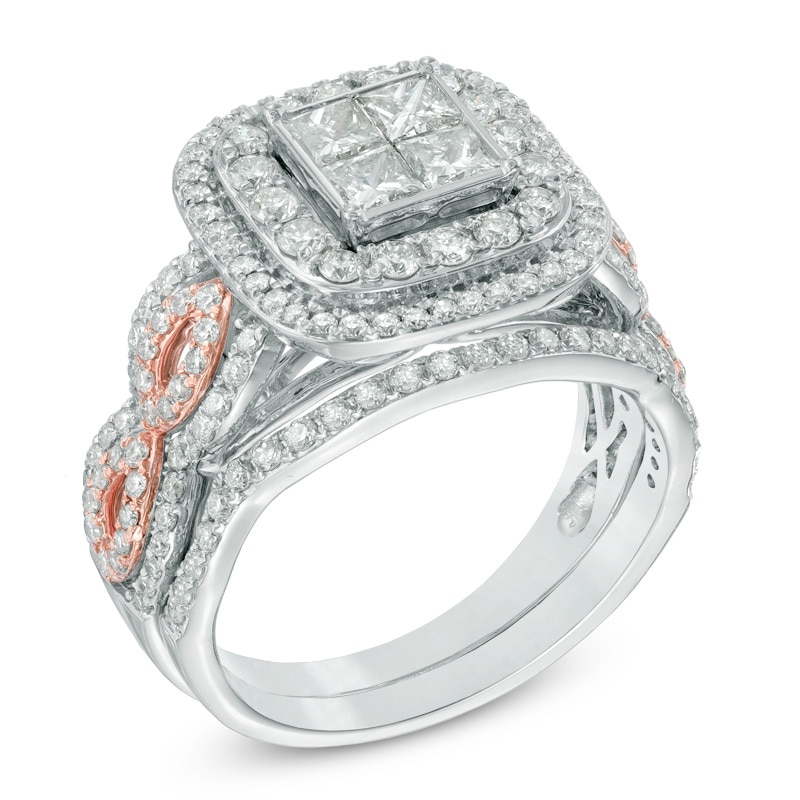 Previously Owned - 1-3/4 CT. T.W. Princess-Cut Quad Diamond Double Frame Bridal Set in 14K Two-Tone Gold