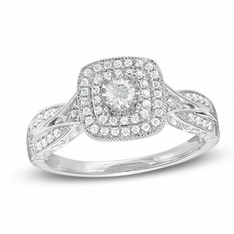 Previously Owned - 1/3 CT. T.W. Diamond Vintage-Style Double Frame Interlocking Shank Engagement Ring in 10K White Gold