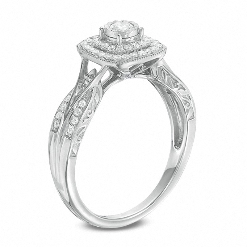 Previously Owned - 1/3 CT. T.W. Diamond Vintage-Style Double Frame Interlocking Shank Engagement Ring in 10K White Gold
