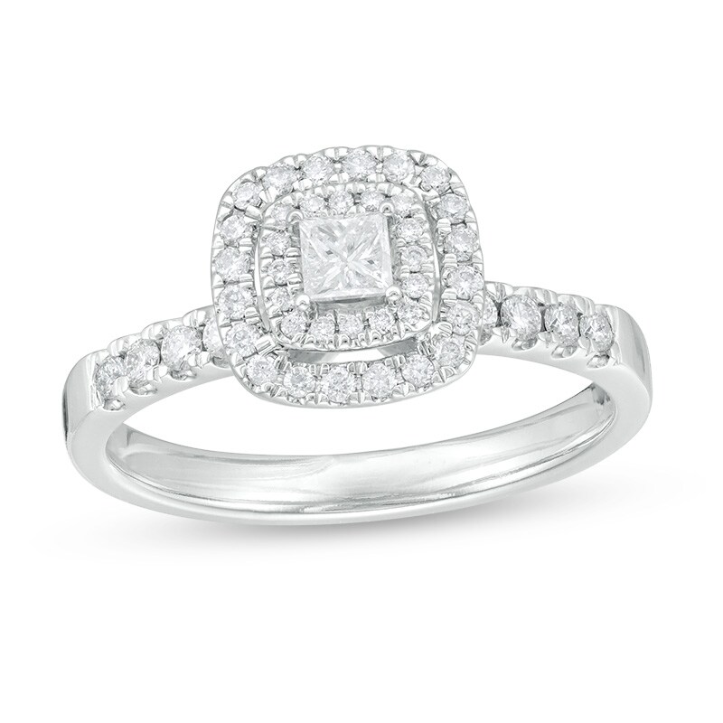 Main Image 1 of Previously Owned - 1/2 CT. T.W. Princess-Cut Diamond Double Frame Engagement Ring in 10K White Gold