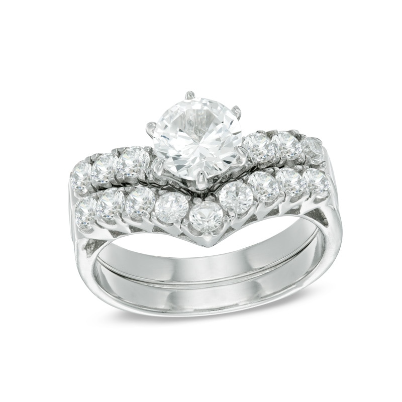 Main Image 1 of Previously Owned - 6.0mm Lab-Created White Sapphire Bridal Set in Sterling Silver