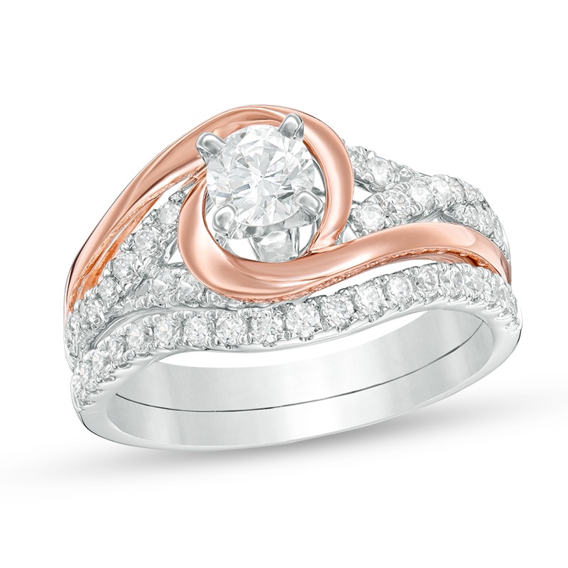 Previously Owned - 1 CT. T.W. Diamond Layered Bypass Swirl Bridal Set in 14K Two-Tone Gold