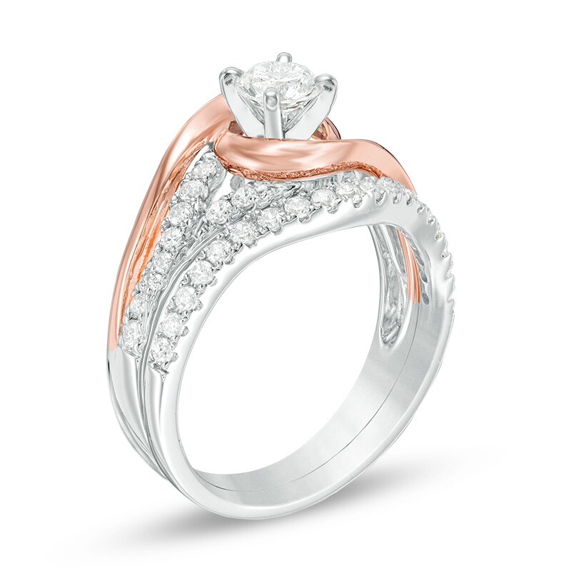 Previously Owned - 1 CT. T.W. Diamond Layered Bypass Swirl Bridal Set in 14K Two-Tone Gold