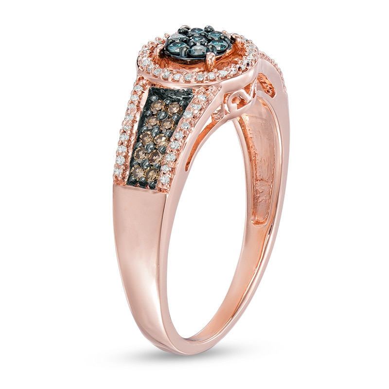 Main Image 2 of Previously Owned - 1/3 CT. T.W. Enhanced Blue, Champagne and White Composite Diamond Frame Ring in 10K Rose Gold