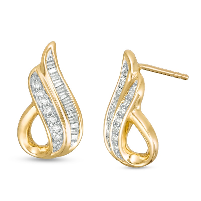 Previously Owned - 1/5 CT. T.W. Baguette and Round Diamond Teardrop Earrings in 10K Gold