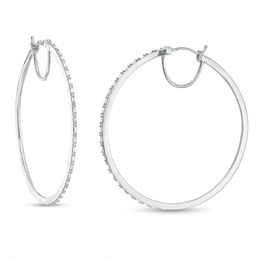 Previously Owned - 1/2 CT. T.W. Baguette and Round Diamond Alternating Hoop Earrings in 10K White Gold