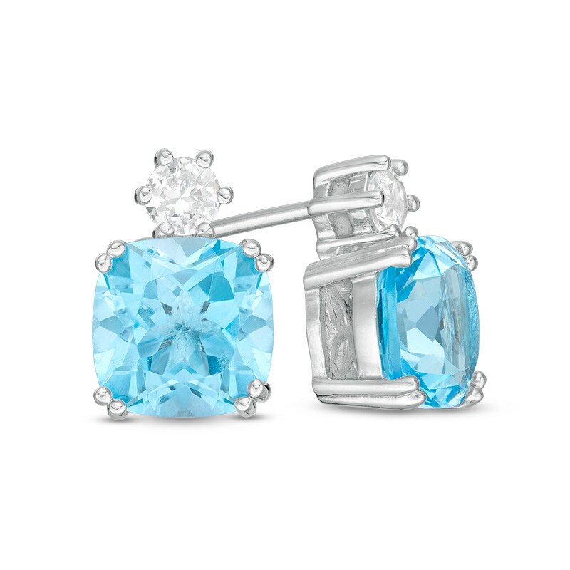 Main Image 1 of Previously Owned - 7.0mm Cushion-Cut Swiss Blue Topaz and Lab-Created White Sapphire Stud Earrings in Sterling Silver
