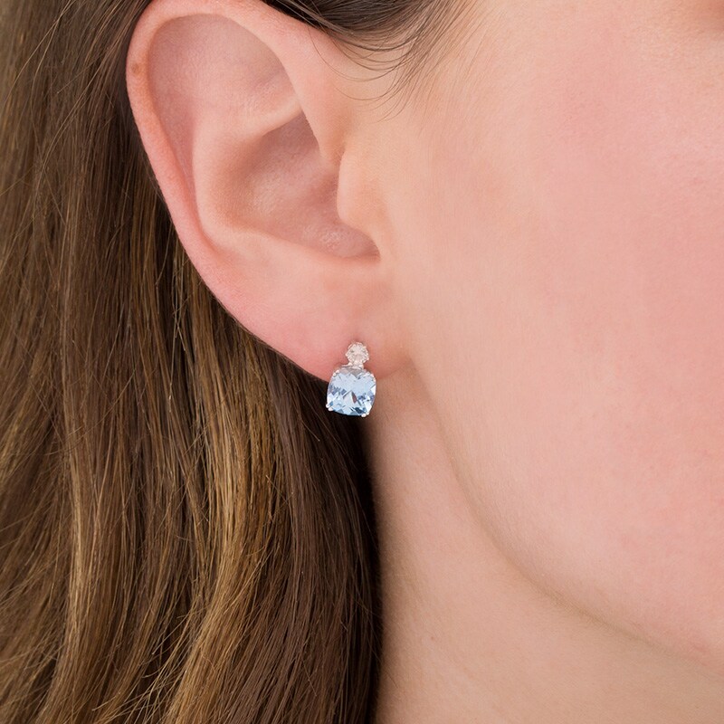 Main Image 2 of Previously Owned - 7.0mm Cushion-Cut Swiss Blue Topaz and Lab-Created White Sapphire Stud Earrings in Sterling Silver