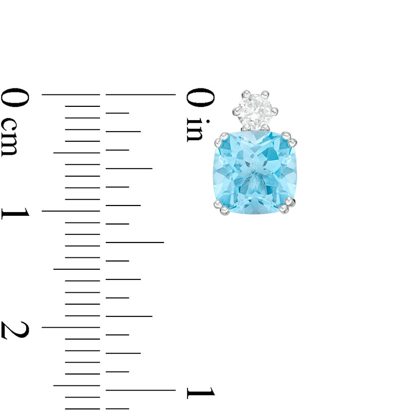 Main Image 3 of Previously Owned - 7.0mm Cushion-Cut Swiss Blue Topaz and Lab-Created White Sapphire Stud Earrings in Sterling Silver