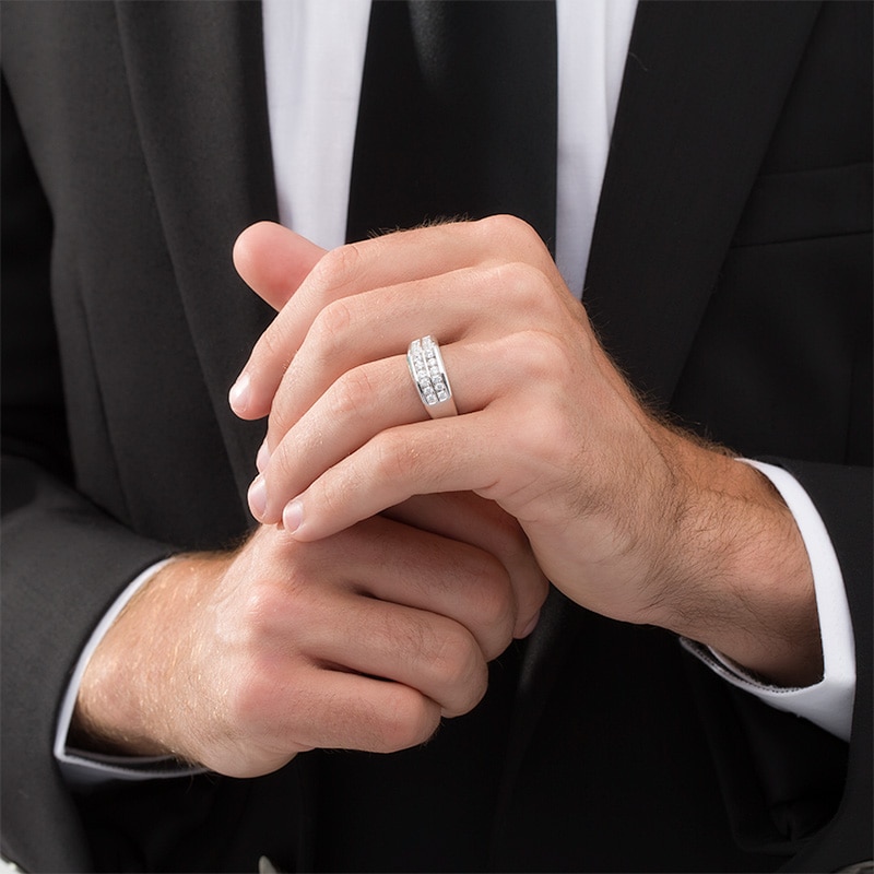 Main Image 2 of Previously Owned - Men's 3/4 CT. T.W. Diamond Double Row Channel-Set Anniversary Band in 10K White Gold