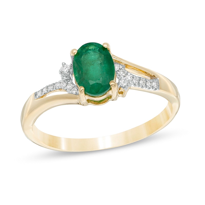 Previously Owned - Oval Emerald and 1/20 CT. T.W. Diamond Vintage-Style Split Shank Ring in 10K Gold