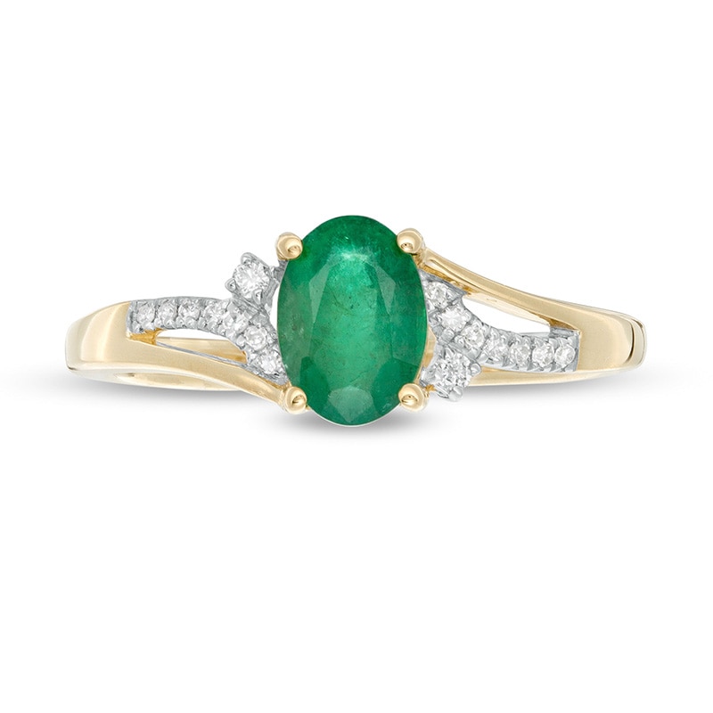 Previously Owned - Oval Emerald and 1/20 CT. T.W. Diamond Vintage-Style Split Shank Ring in 10K Gold