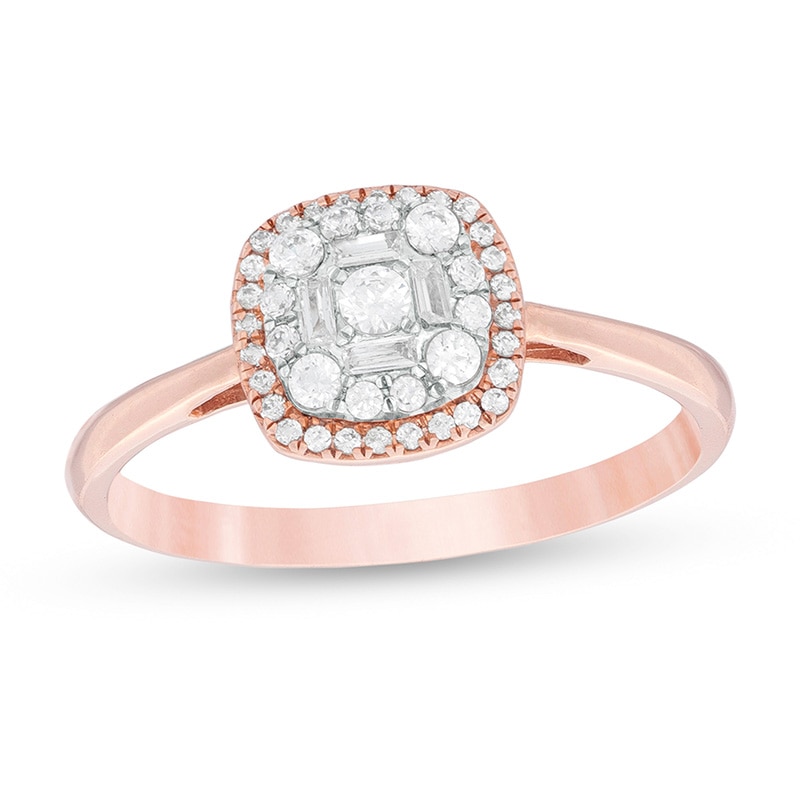 Main Image 1 of Previously Owned - 1/4 CT. T.W. Baguette and Round Composite Diamond Cushion Frame Ring in 10K Rose Gold