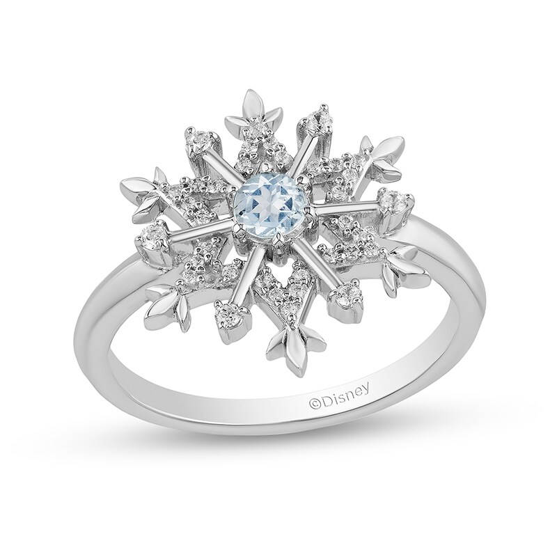 Main Image 1 of Previously Owned - Enchanted Disney Elsa Aquamarine and 1/8 CT. T.W. Diamond Snowflake Ring in Sterling Silver