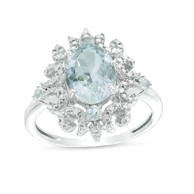 Main Image 1 of Previously Owned - Oval Aquamarine and Diamond Accent Sunburst Frame Ring in 10K White Gold