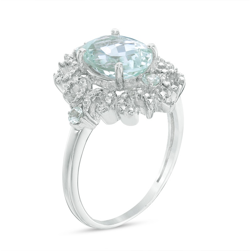 Main Image 2 of Previously Owned - Oval Aquamarine and Diamond Accent Sunburst Frame Ring in 10K White Gold