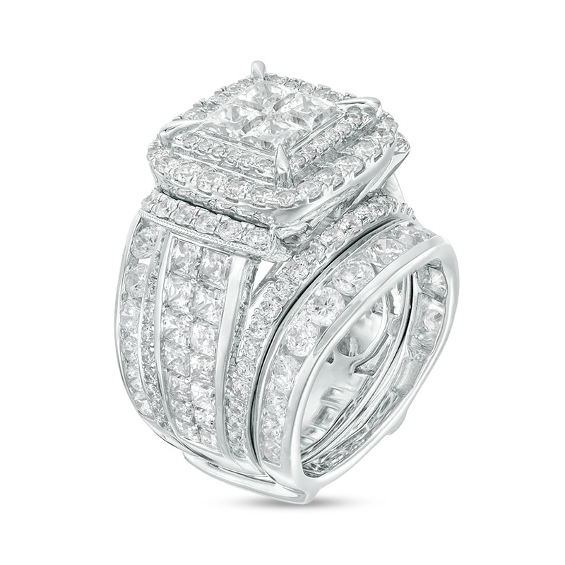 Main Image 2 of Previously Owned - 7 CT. T.W. Quad Princess-Cut Diamond Double Frame Collar Bridal Set in 14K White Gold