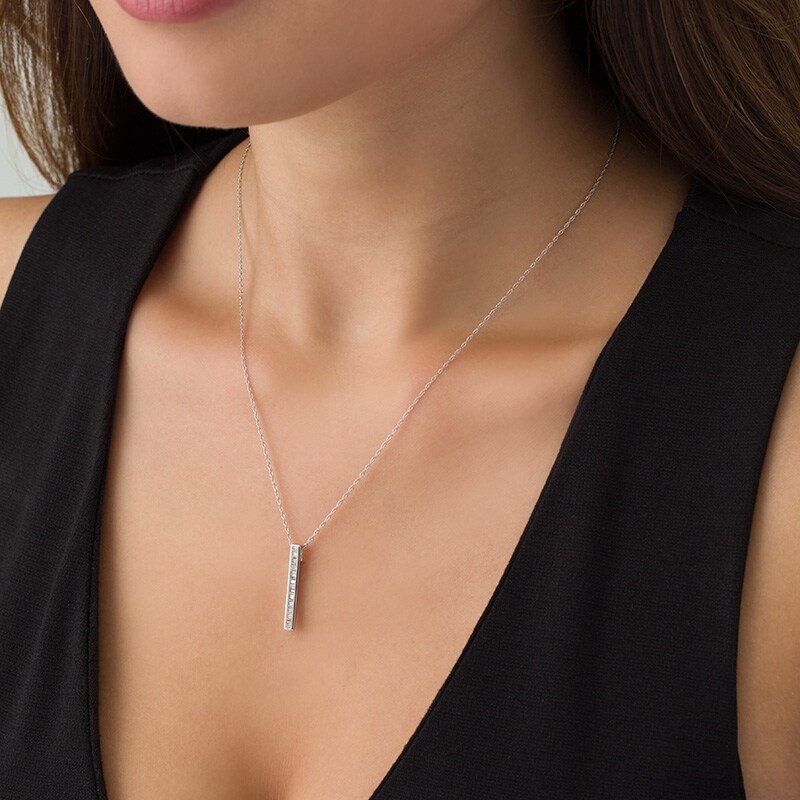 Main Image 2 of Previously Owned - 1/6 CT. T.W. Baguette Diamond Vertical Bar Pendant in 10K White Gold