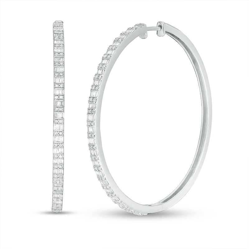 Previously Owned - 1 CT. T.W. Baguette and Round Diamond Alternating Double Row Hoop Earrings in 10K White Gold