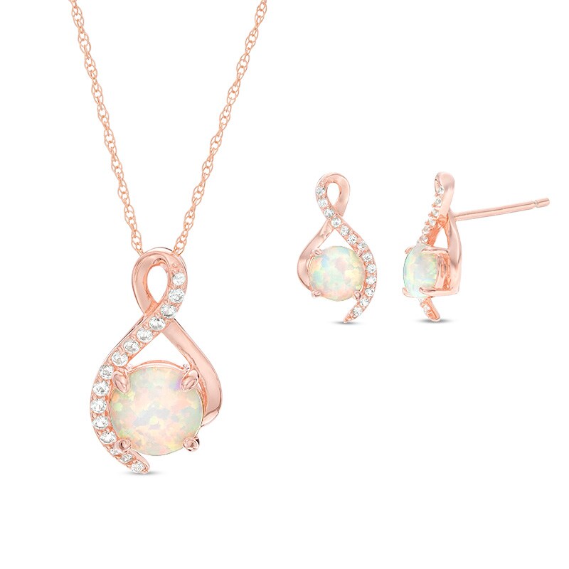 Main Image 1 of Previously Owned - Lab-Created Opal and White Sapphire Ribbon Pendant and Stud Earrings Set in Sterling Silver