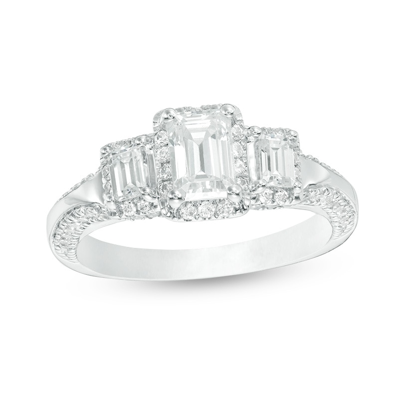 Previously Owned - 1-5/8 CT. T.W. Emerald-Cut Diamond Past Present Future® Engagement Ring in 14K White Gold (I/SI2)