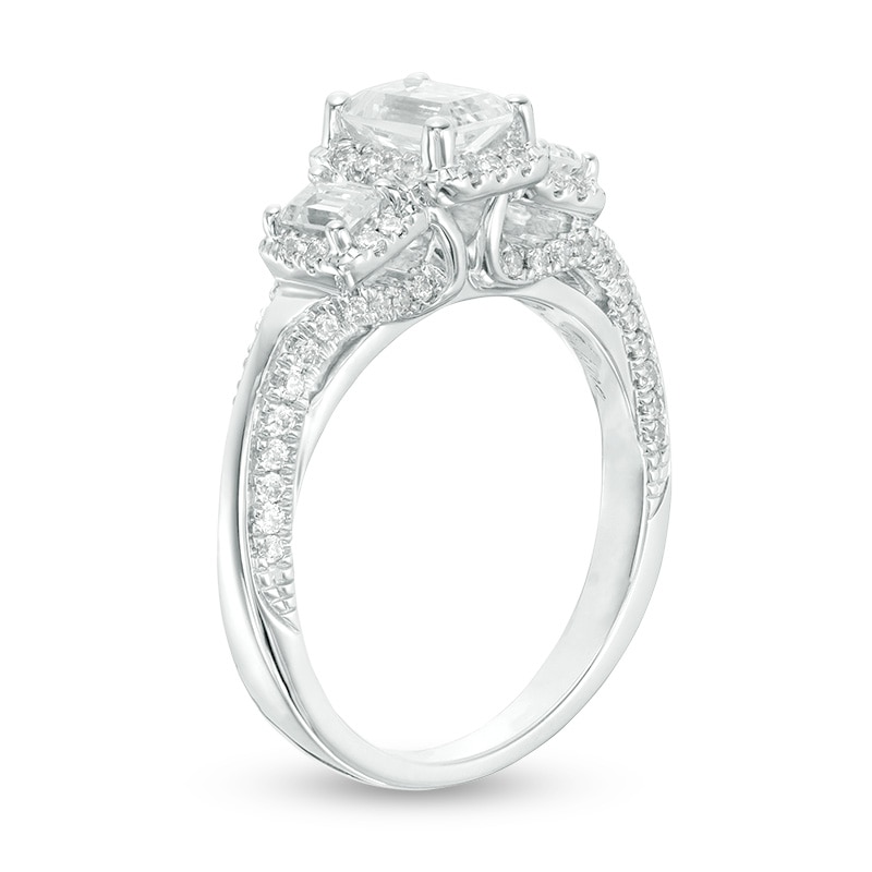 Previously Owned - 1-5/8 CT. T.W. Emerald-Cut Diamond Past Present Future® Engagement Ring in 14K White Gold (I/SI2)