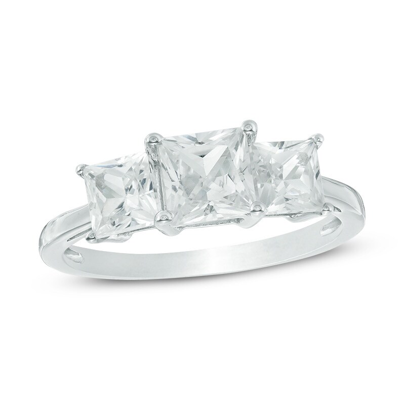 Main Image 1 of Previously Owned - 5.2mm Princess-Cut Lab-Created White Sapphire Three Stone Ring in 10K White Gold