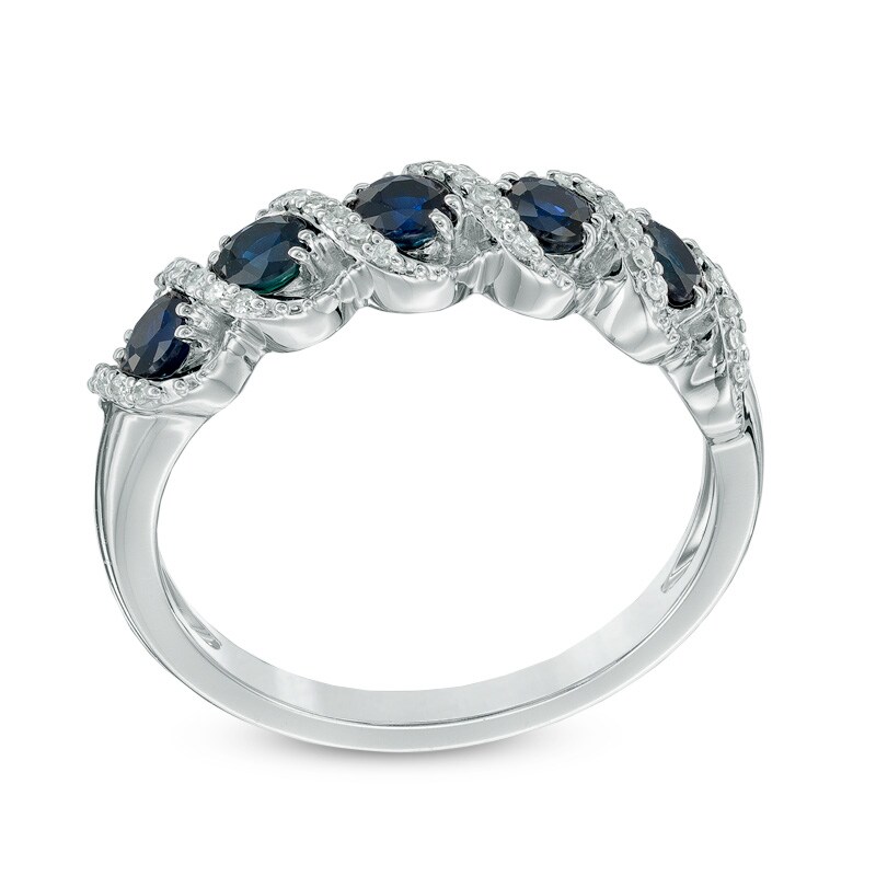 Main Image 2 of Previously Owned - Blue Sapphire and 1/10 CT. T.W. Diamond Frame Five Stone Ring in 10K White Gold