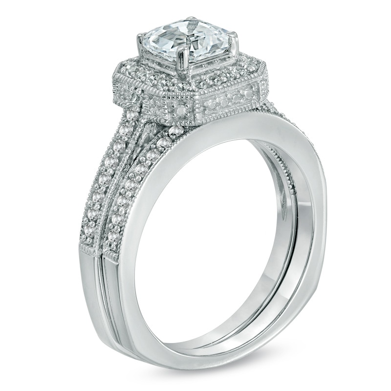 Main Image 2 of Previously Owned - 6.0mm Asscher-Cut Lab-Created White Sapphire Bridal Set in Sterling Silver