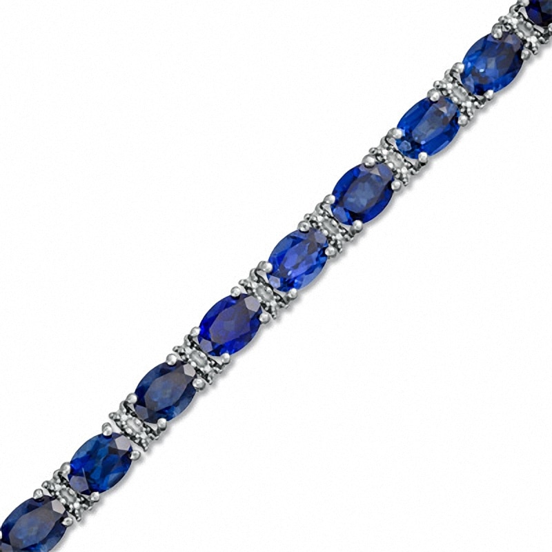 Main Image 1 of Previously Owned - Oval Lab-Created Ceylon Sapphire and Diamond Accent Bracelet Sterling Silver - 7.25"