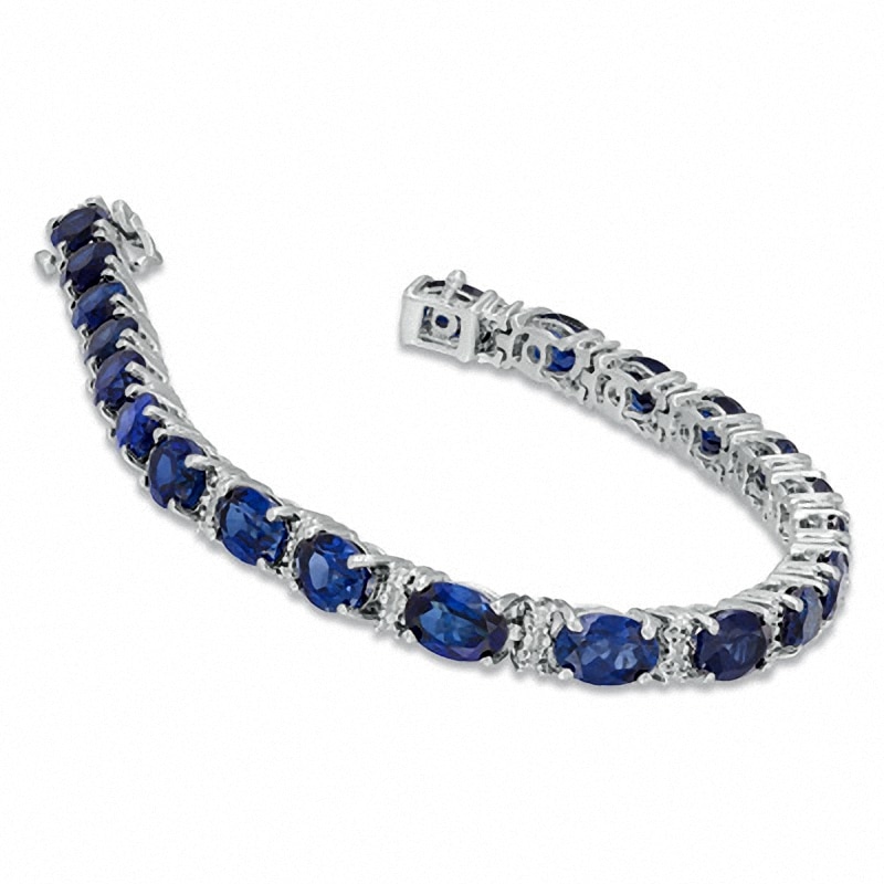 Main Image 2 of Previously Owned - Oval Lab-Created Ceylon Sapphire and Diamond Accent Bracelet Sterling Silver - 7.25"