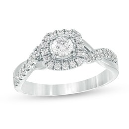 Previously Owned - 5/8 CT. T.W. Diamond Cushion Frame Twist Shank Engagement Ring in 10K White Gold