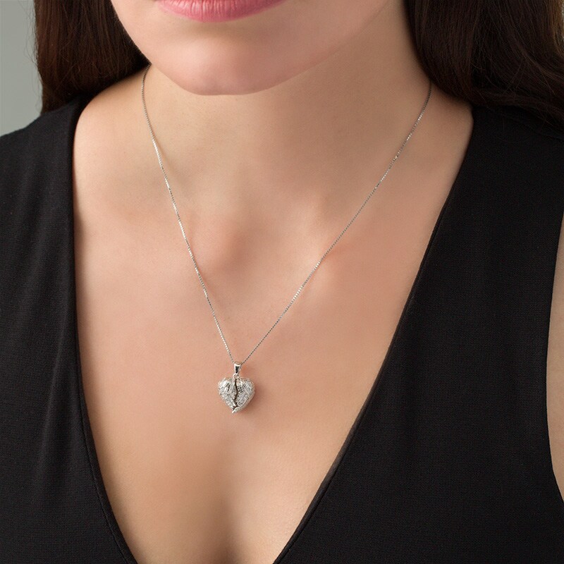 Main Image 2 of Previously Owned - Lab-Created White Sapphire Angel Wings Heart Locket in Sterling Silver