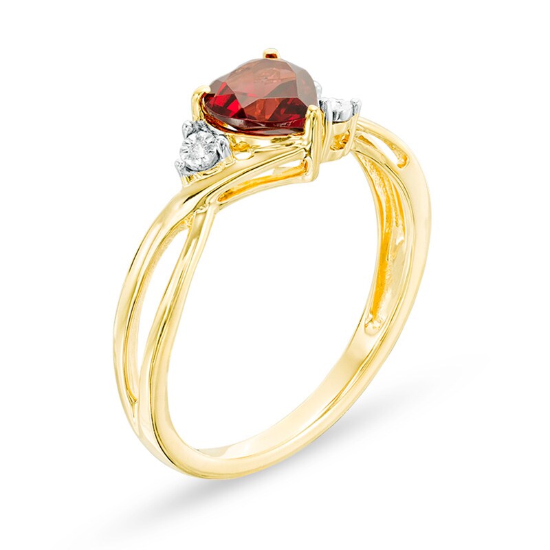 Main Image 2 of Previously Owned - 6.0mm Heart-Shaped Garnet and White Lab-Created Sapphire Split Shank Bypass Ring in 10K Gold