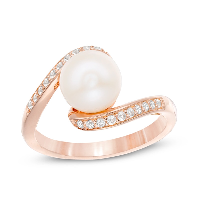 Previously Owned - 8.0mm Cultured Freshwater Pearl and Lab-Created White Sapphire Swirl Bypass Ring in 10K Rose Gold