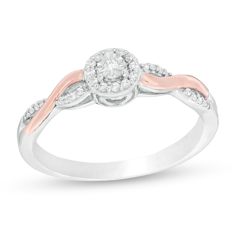 Main Image 1 of Previously Owned - 1/8 CT. T.W. Diamond Frame Twist Shank Promise Ring in Sterling Silver and 10K Rose Gold