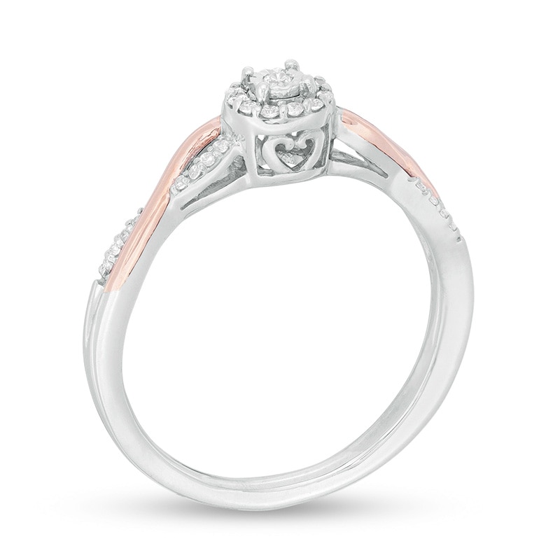 Main Image 2 of Previously Owned - 1/8 CT. T.W. Diamond Frame Twist Shank Promise Ring in Sterling Silver and 10K Rose Gold