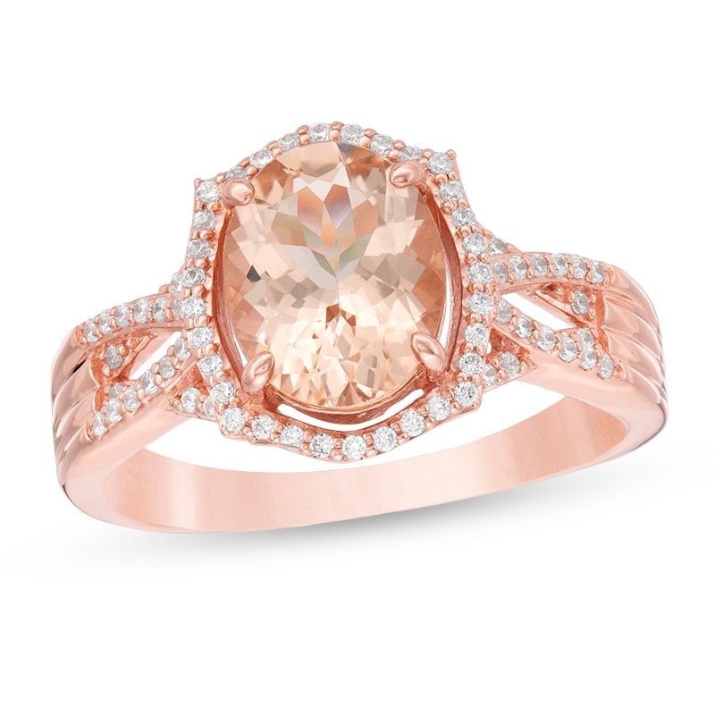 Main Image 1 of Previously Owned - Oval Morganite and 1/4 CT. T.W. Diamond Ornate Frame Multi-Row Crossover Ring in 10K Rose Gold