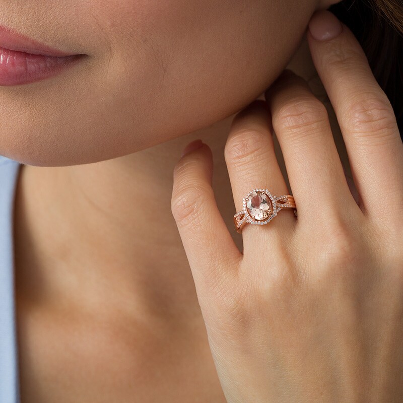 Main Image 2 of Previously Owned - Oval Morganite and 1/4 CT. T.W. Diamond Ornate Frame Multi-Row Crossover Ring in 10K Rose Gold