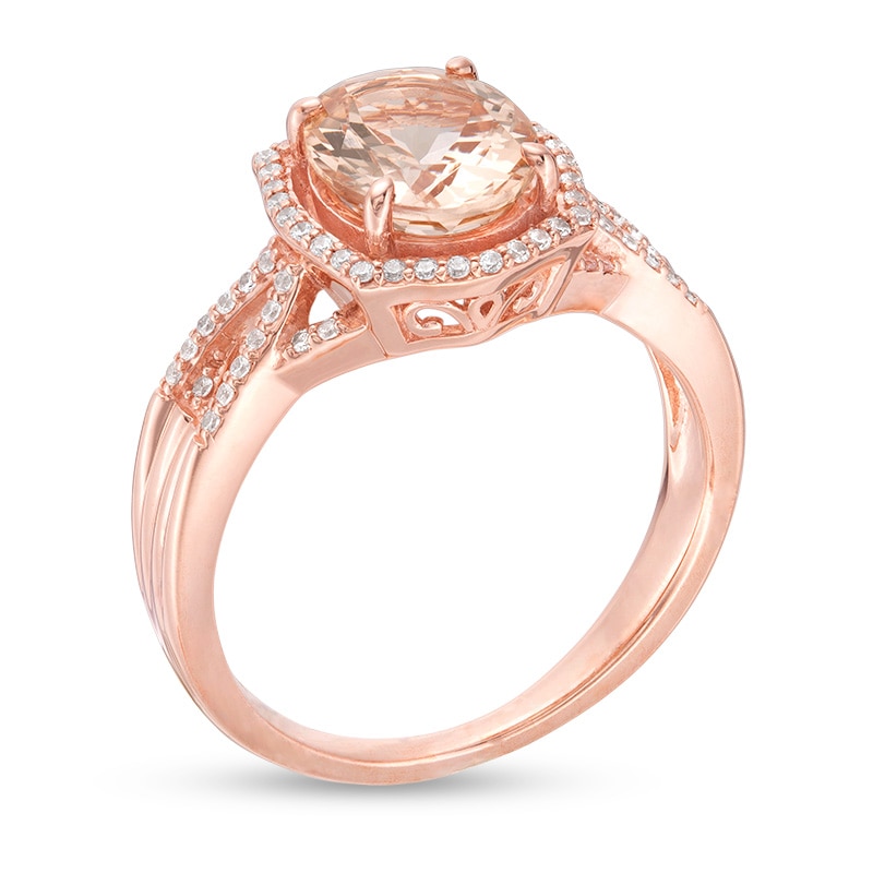 Main Image 3 of Previously Owned - Oval Morganite and 1/4 CT. T.W. Diamond Ornate Frame Multi-Row Crossover Ring in 10K Rose Gold