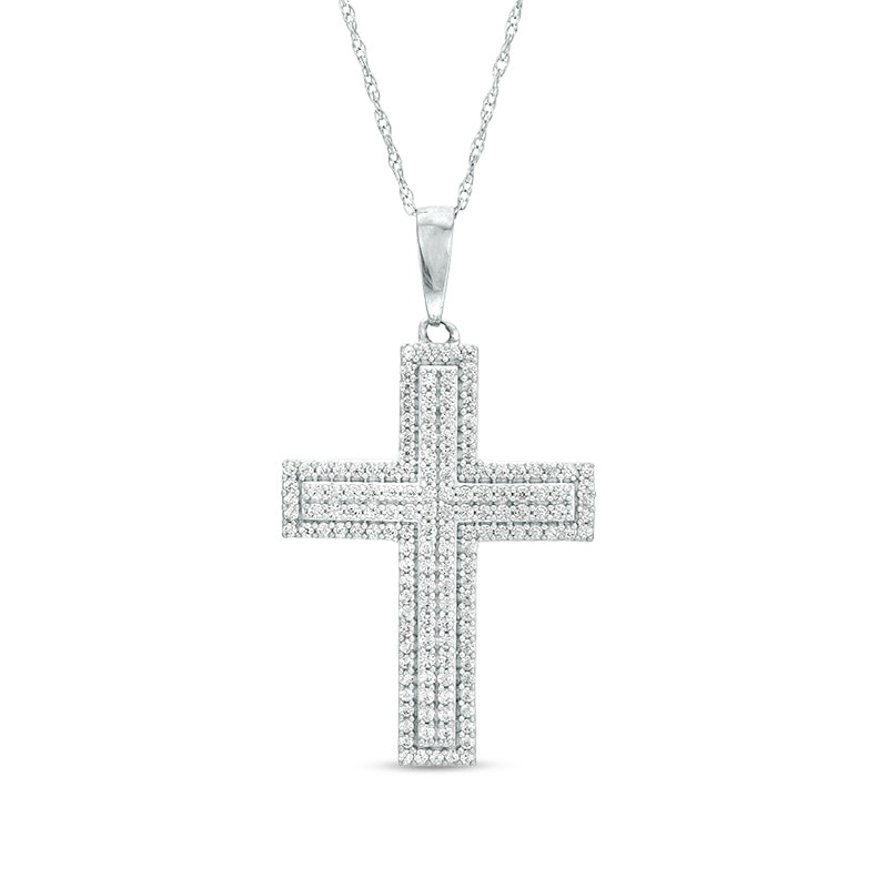 Main Image 1 of Previously Owned - 3/8 CT. T.W. Diamond Cross Pendant in 10K White Gold