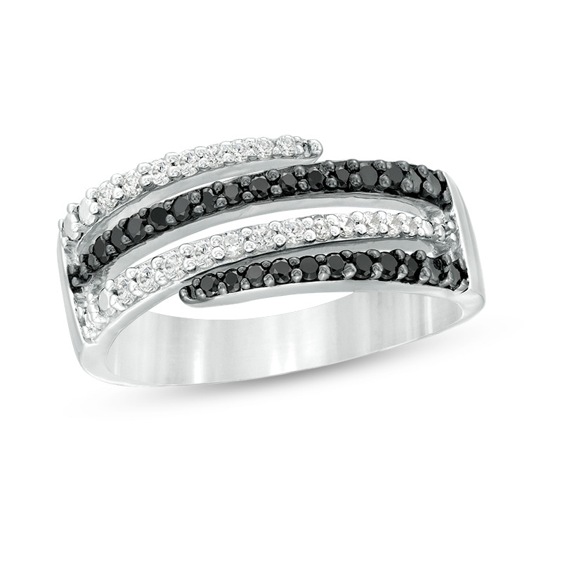 Previously Owned - 1/2 CT. T.W. Enhanced Black and White Diamond Multi-Row Wrap Ring in Sterling Silver