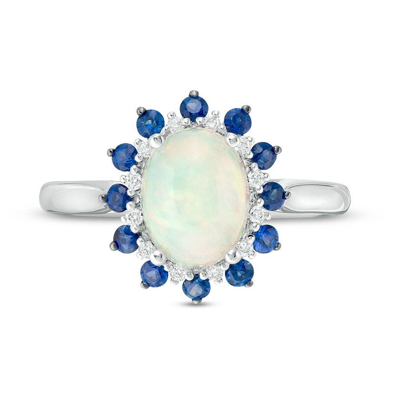 Previously Owned - Oval Opal, Blue Sapphire and 1/15 CT. T.W. Diamond Double Sunburst Frame Ring in 10K White Gold