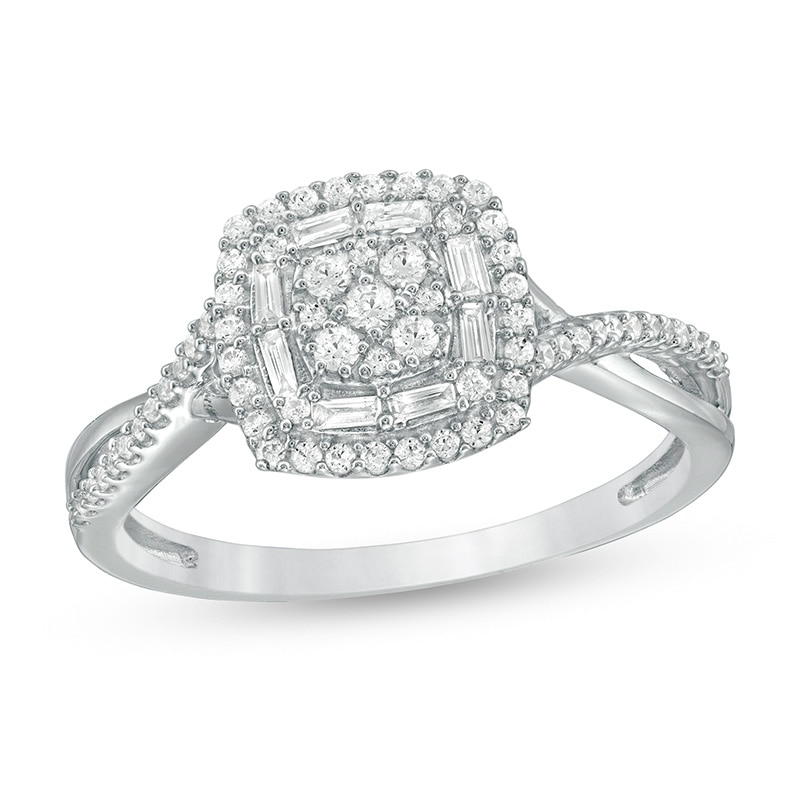 Main Image 1 of Previously Owned - 1/3 CT. T.W. Composite Diamond Cushion Frame Crossover Shank Ring in 10K White Gold