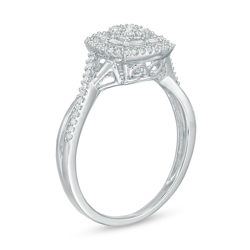 Main Image 3 of Previously Owned - 1/3 CT. T.W. Composite Diamond Cushion Frame Crossover Shank Ring in 10K White Gold