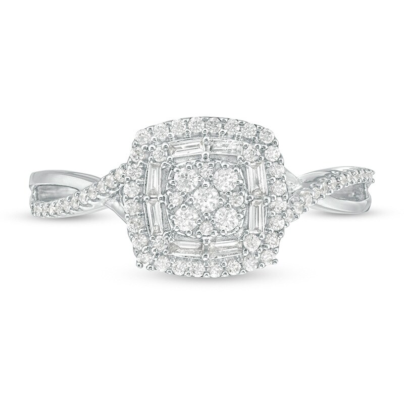 Main Image 4 of Previously Owned - 1/3 CT. T.W. Composite Diamond Cushion Frame Crossover Shank Ring in 10K White Gold